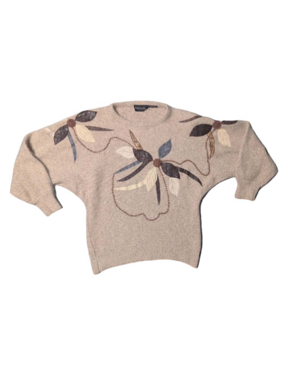 Vintage Uno & Una 80s Silk Angora Beaded Leaf Applique Pullover Sweater L